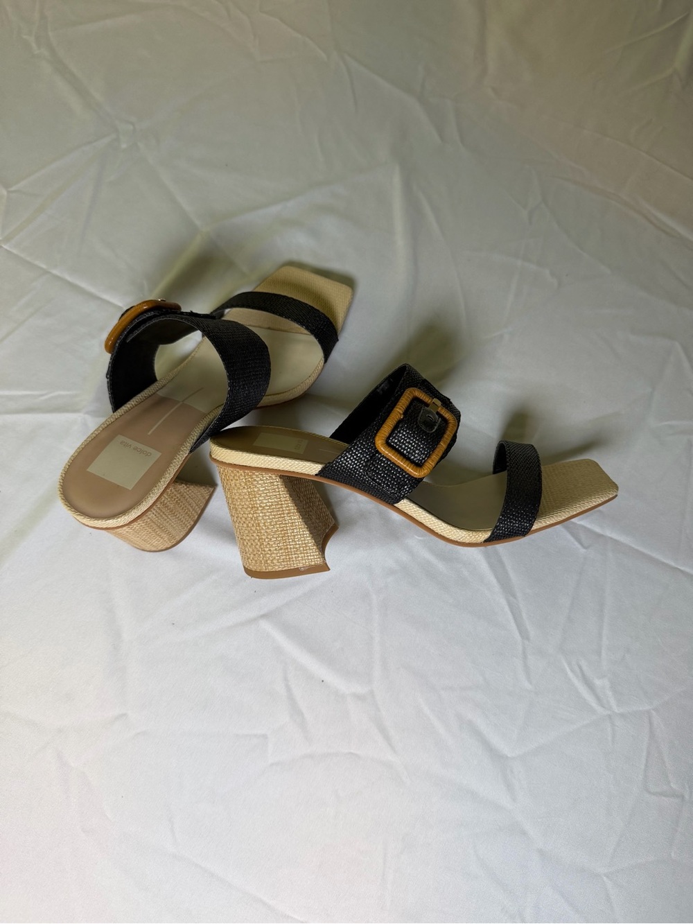Dolce Vita Black and Beige Buckle Block Heel Sandals
